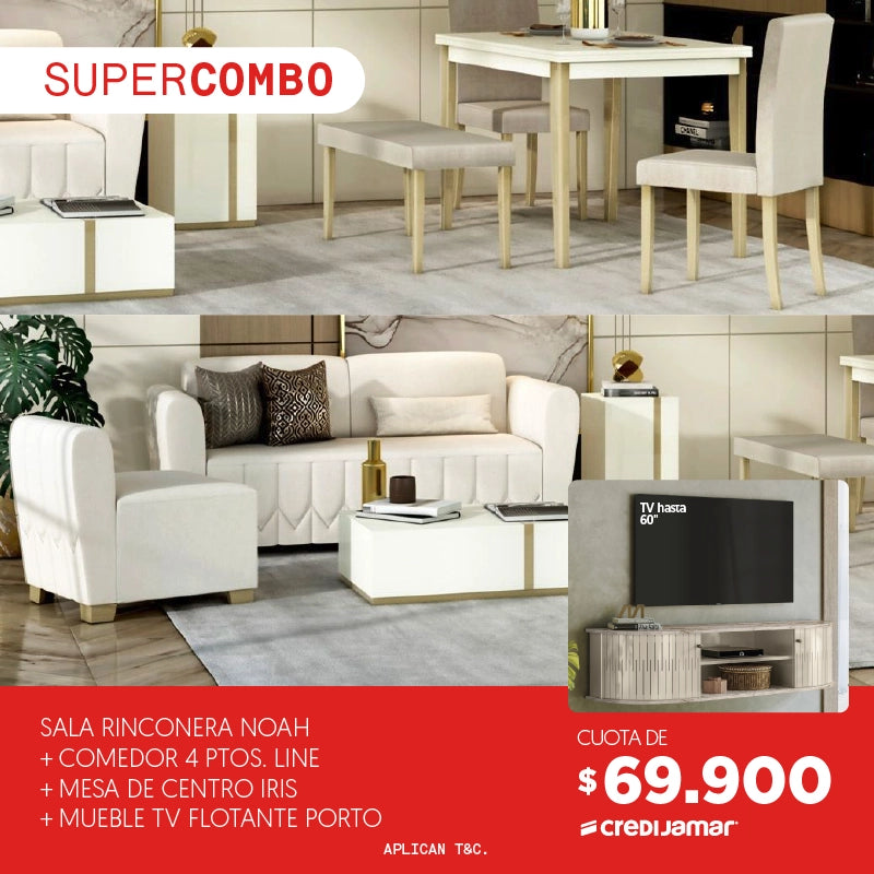 Súper Combo Sala Rinconera Noah + Comedor 4 puestos Line + mesa de centro iris + Mueble tv flotante cuotade $69.900