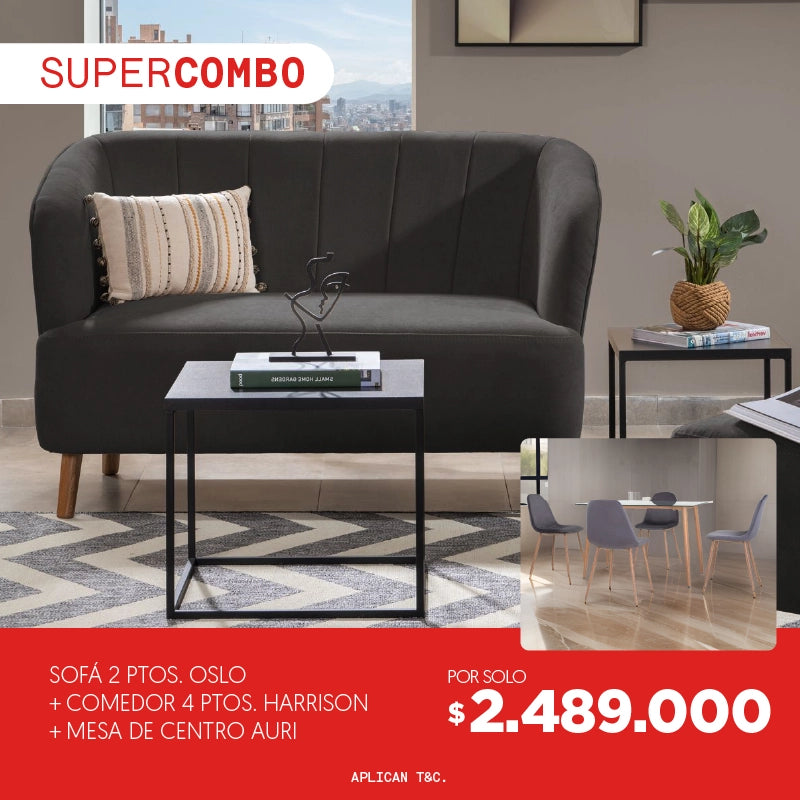 Súper Combo Sofá 2 puestos Oslo + Comedor 4 puestos Harrison + Mesa de centro Auri por solo $2.489.000