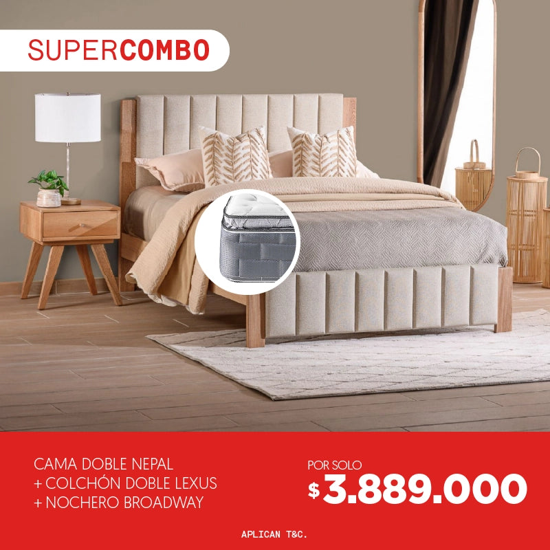 Súper Combo Cama Doble Nepal + Colchón Doble Lexus + Nochero Broadway por solo $3.889.000