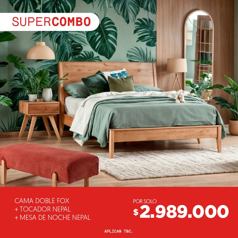 Súper Combo Cama Doble Fox + Tocador Nepal + Mesa de noche Nepal por solo $2.989.000