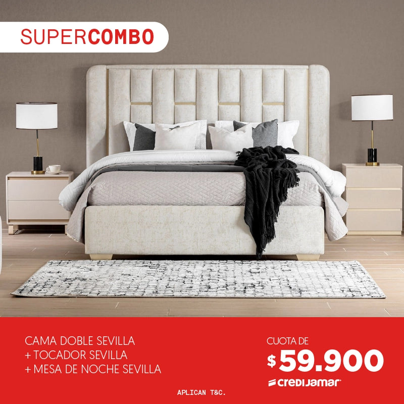 Súper Combo Cama Doble Sevilla + Tocador Sevilla +  Mesa de noche Sevilla Cuota de $59.900