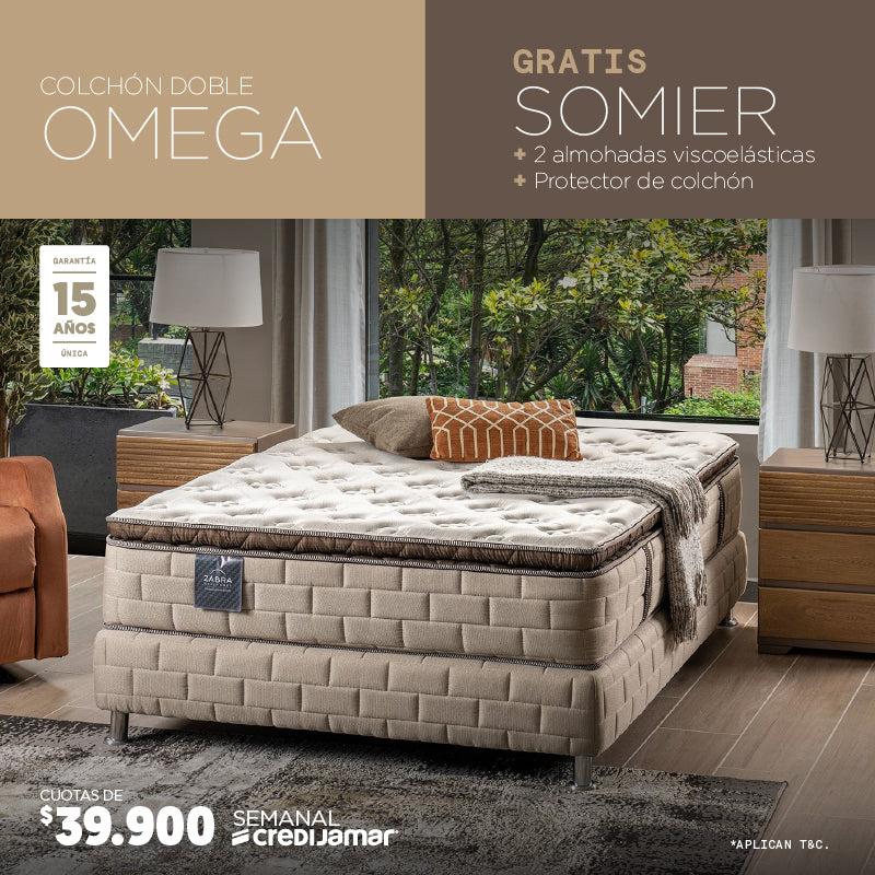 Súper oferta Colchón doble Omega + Gratis Somier + 2 almohadas viscoelásticas por cuotas de $39.900